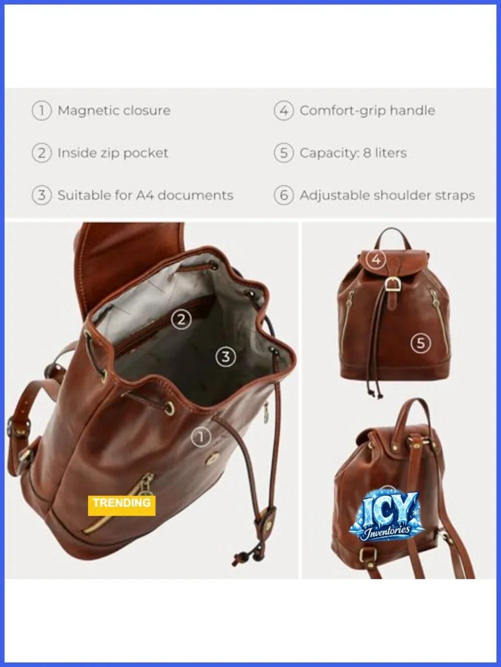 Italian Leather Backpack - Handmade Full Grain Cowhide Casual Daypack